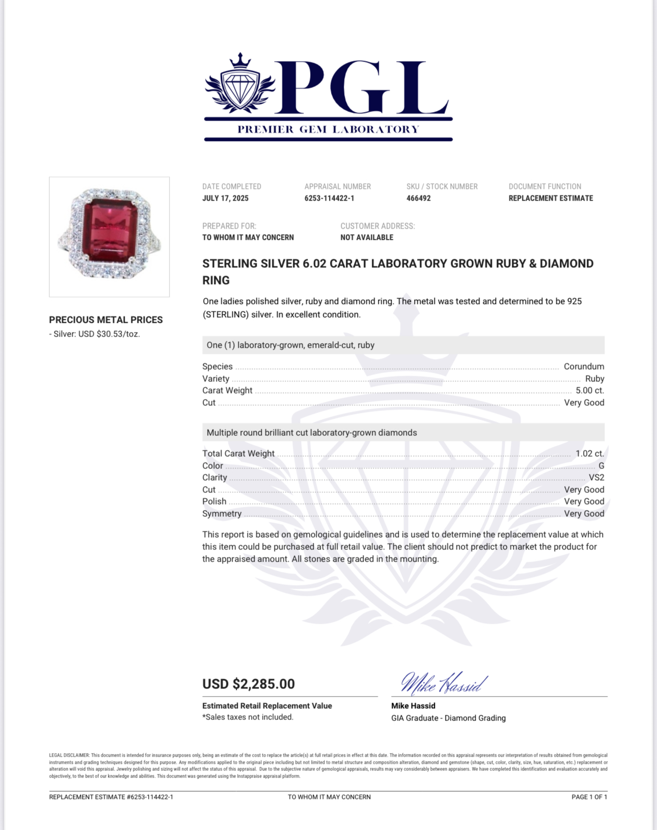 Not Sure/Unknown 6.02 Carat VS2 G Emerald Lab Grown Diamond Ring - Image 2