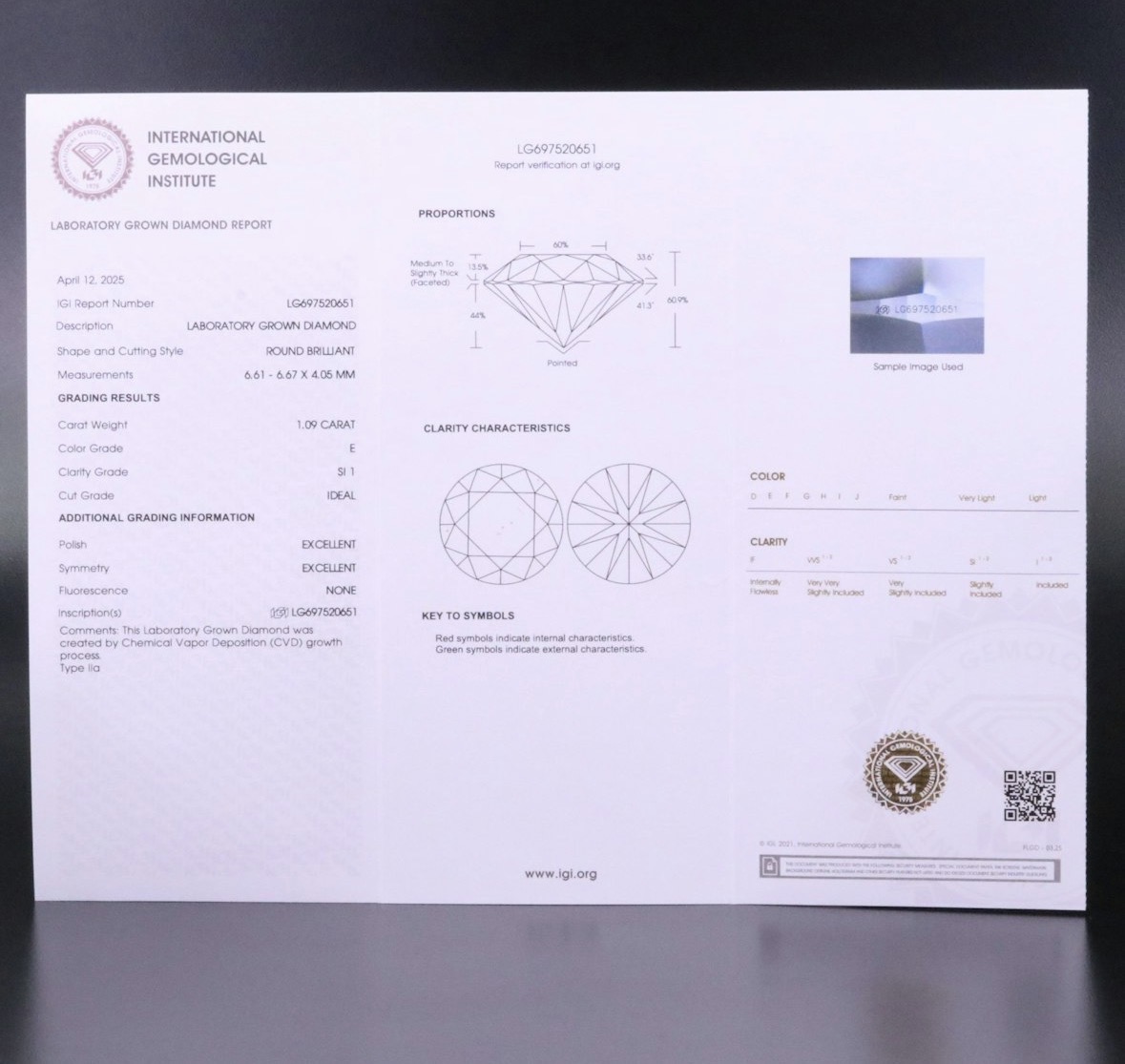 IGI 1.09 Carat E SI1 Round Lab Grown Diamond Loose Diamond - Image 9