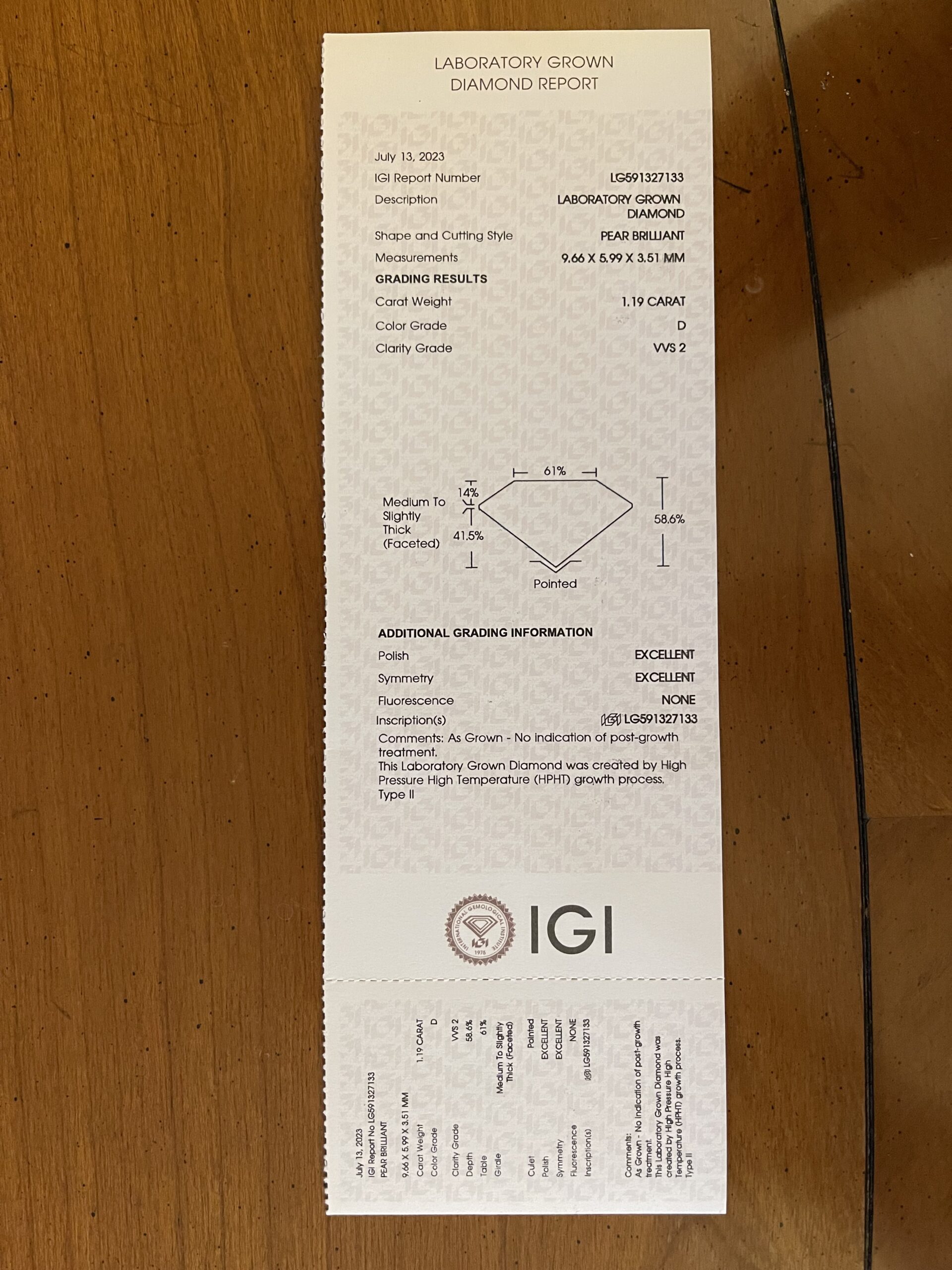 IGI 1.19 Carat D VVS2 Pear Lab Grown Diamond Loose Diamond - Image 4